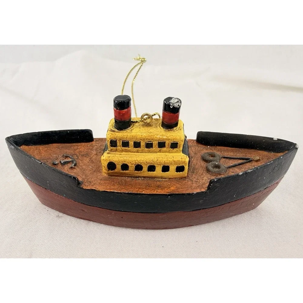 Vintage Hand Carved Wood Tugboat Ornament Folk Art‎ Nautical Boat